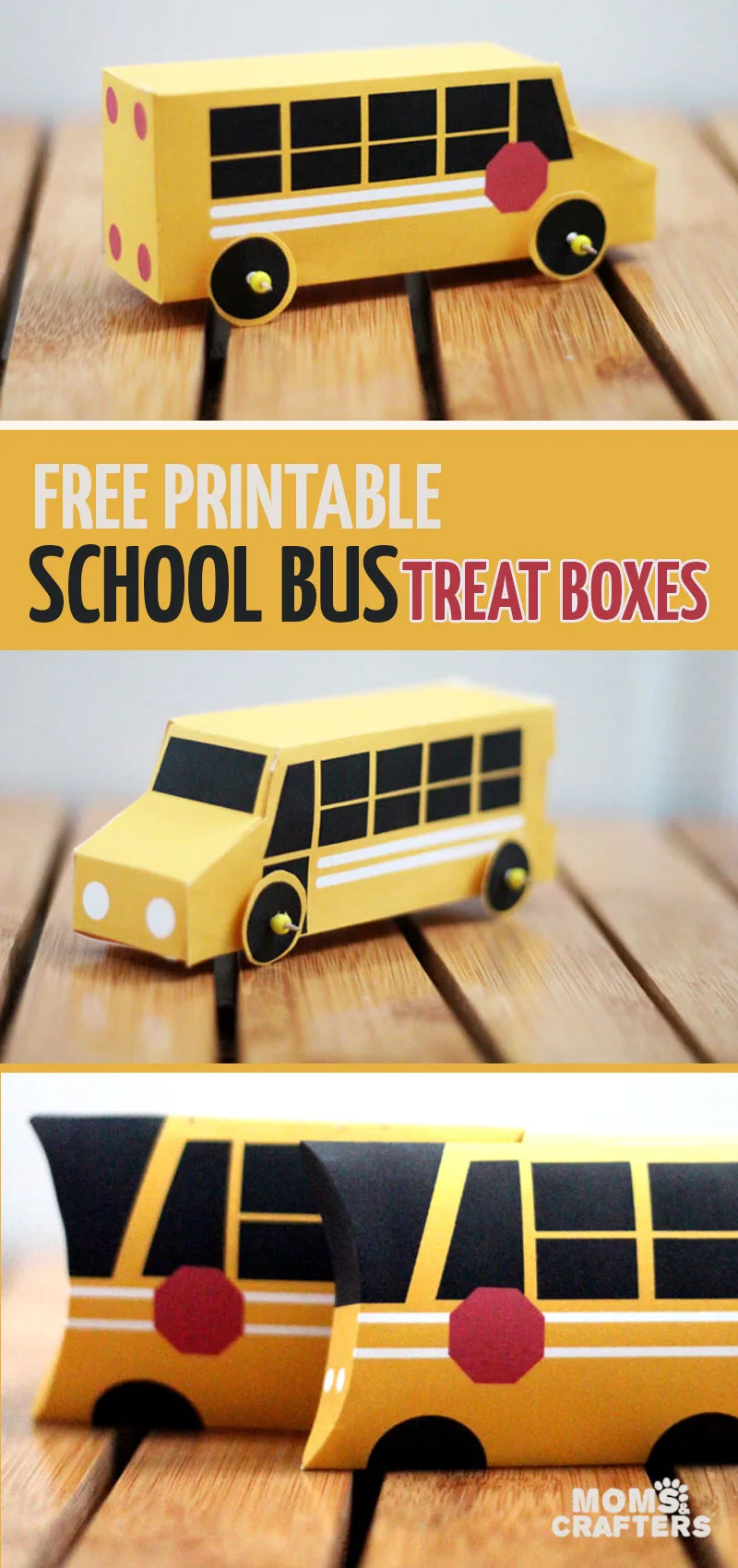 Click for the coolest free printable school bus pillow treat boxes and paper toys ever! These are wonderful for back to school lunch boxes or for end of year teacher gifts! #papercrafts #treatboxes #freeprintable