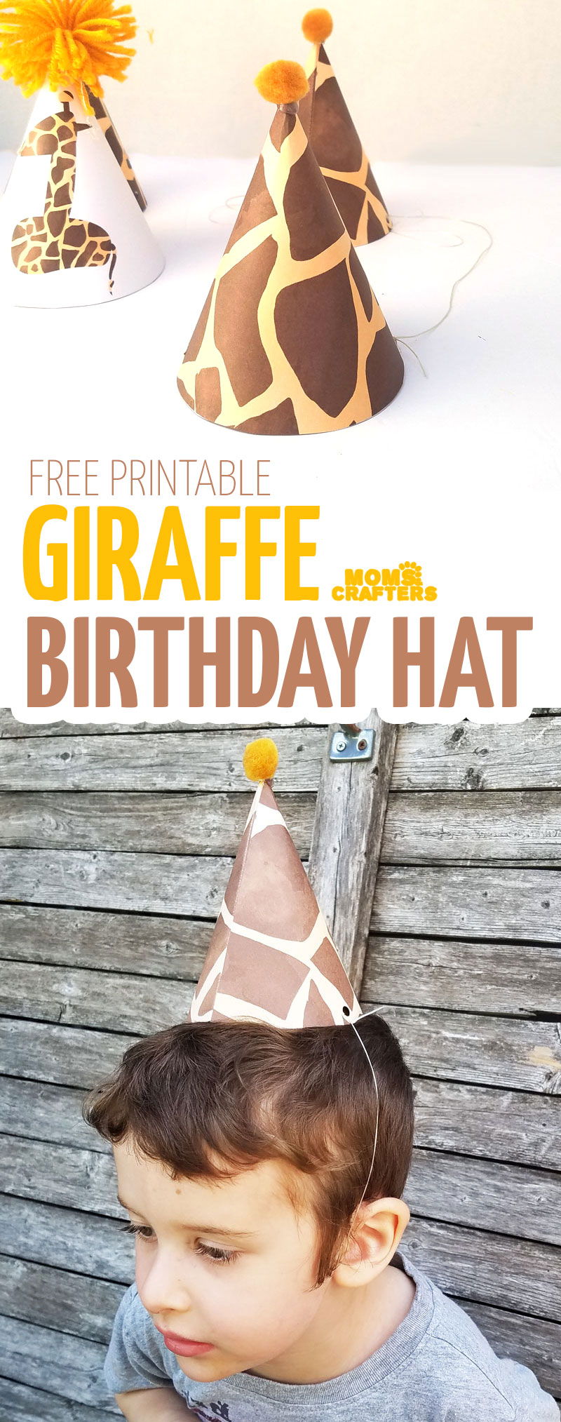 You'll love this giraffe birthday hat - including a free printable version! It's perfect for your giraffe birthday theme, or a jugle themed birthday party, or even a safari theme! It also includes a fun idea for a first birthday party theme for boys. 