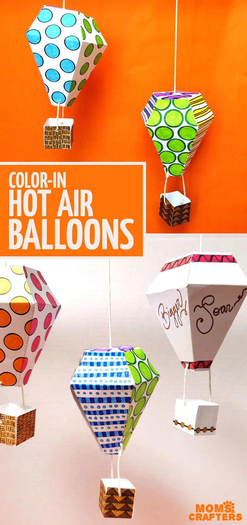 Click to grab these cool color-in hot air balloon mobiles! Includes a FREE PRINTABLE sample coloring page for adults - this is a cool paper craft nursery or playroom decor idea #papercrafts #adultcoloring #diy