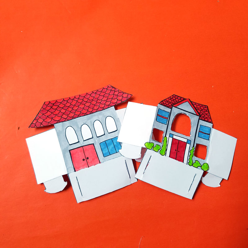 Print and color these fun paper houses and then play with them! This color-in paper craft for kids and adults is easy to create, open-ended and really entertaining! It's a great rainy day activity for preschoolers too and a unique coloring page and papercraft.
