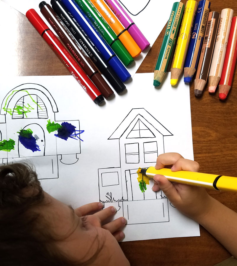 Print and color these fun paper houses and then play with them! This color-in paper craft for kids and adults is easy to create, open-ended and really entertaining! It's a great rainy day activity for preschoolers too and a unique coloring page and papercraft.