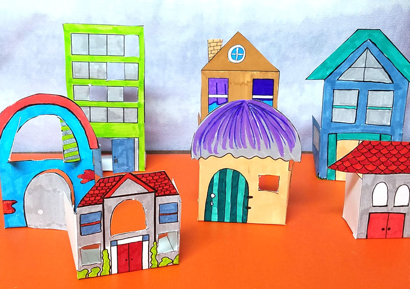 Print and color these fun paper houses and then play with them! This color-in paper craft for kids and adults is easy to create, open-ended and really entertaining! It's a great rainy day activity for preschoolers too and a unique coloring page and papercraft.