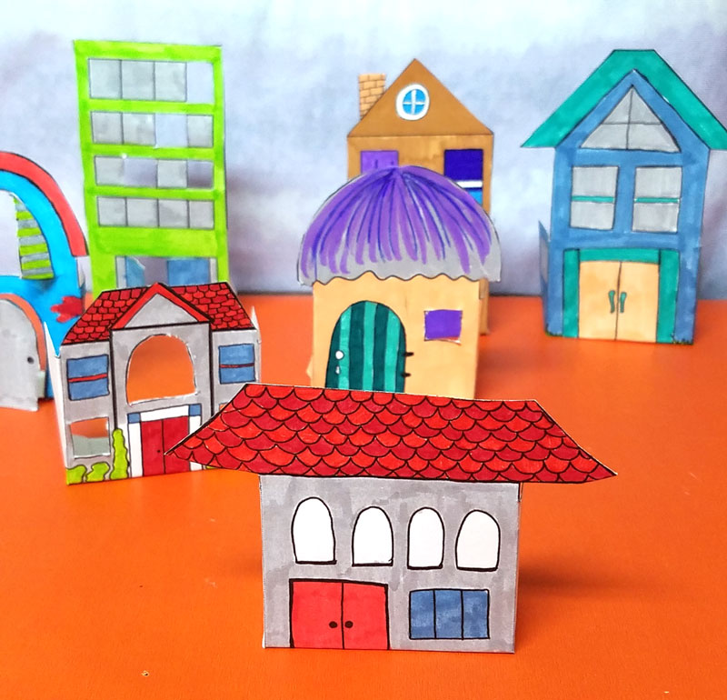 Print and color these fun paper houses and then play with them! This color-in paper craft for kids and adults is easy to create, open-ended and really entertaining! It's a great rainy day activity for preschoolers too and a unique coloring page and papercraft.
