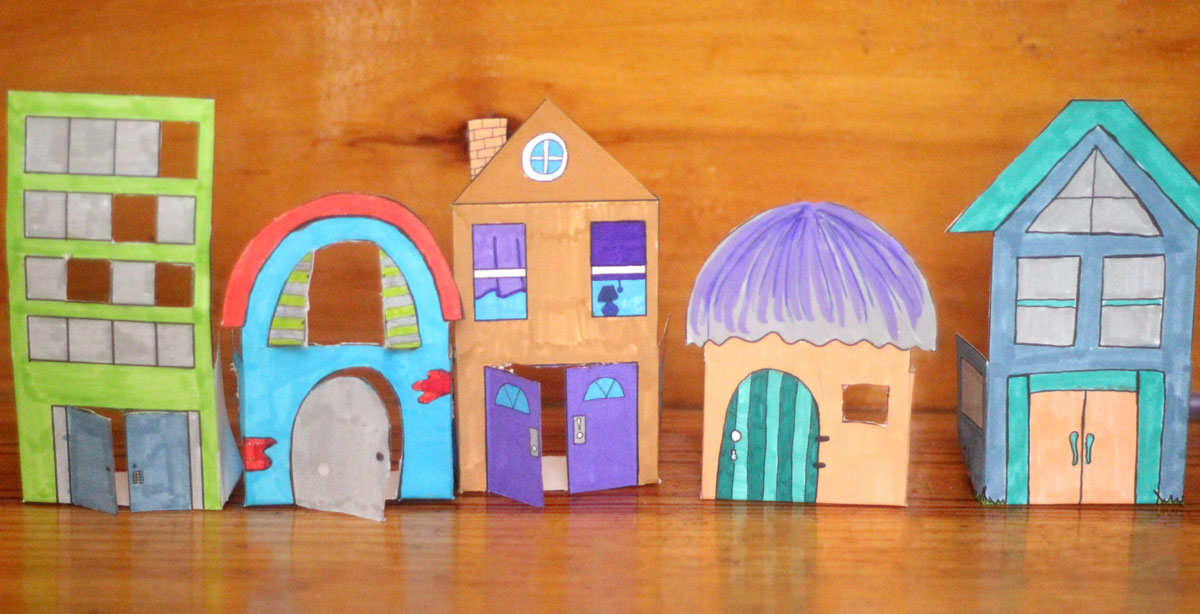 Print and color these fun paper houses and then play with them! This color-in paper craft for kids and adults is easy to create, open-ended and really entertaining! It's a great rainy day activity for preschoolers too and a unique coloring page and papercraft.