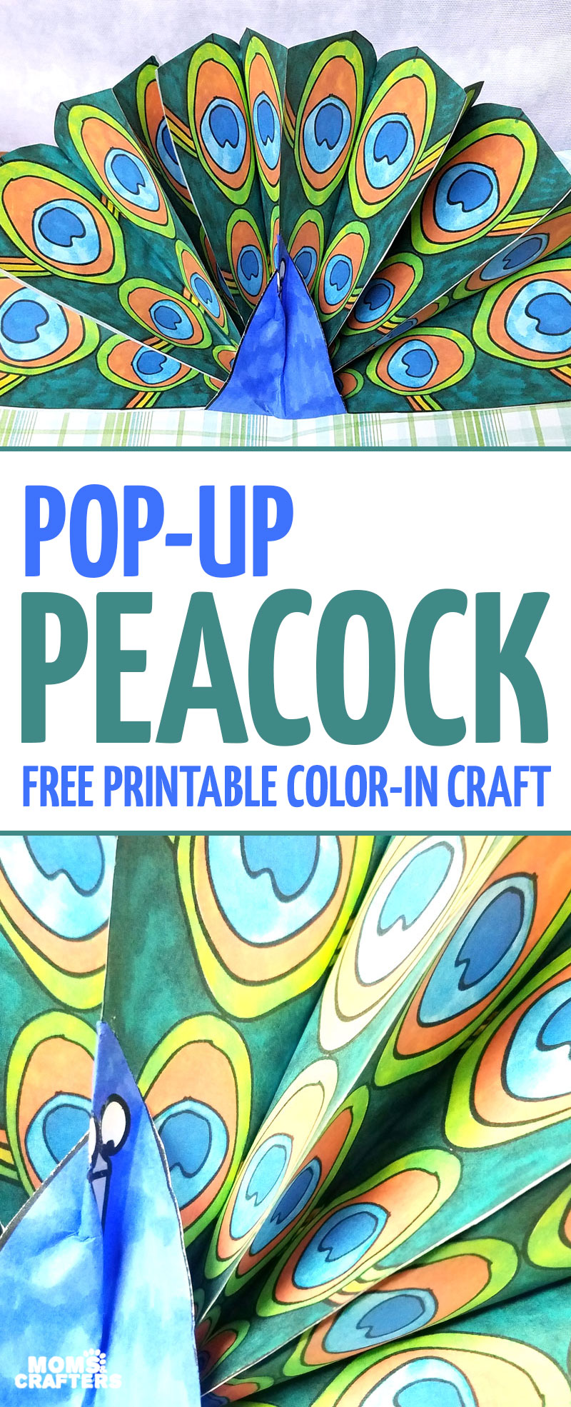 Make a pop up peacock craft! These free printable color-in peacock feathers can be used in any peacock paper craft, but you'll love the pop-up card I made with it. It's a perfect papercraft for kids or adults to create.