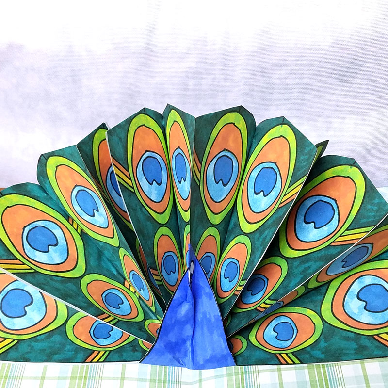 Make a pop up peacock craft! These free printable color-in peacock feathers can be used in any peacock paper craft, but you'll love the pop-up card I made with it. It's a perfect papercraft for kids or adults to create.