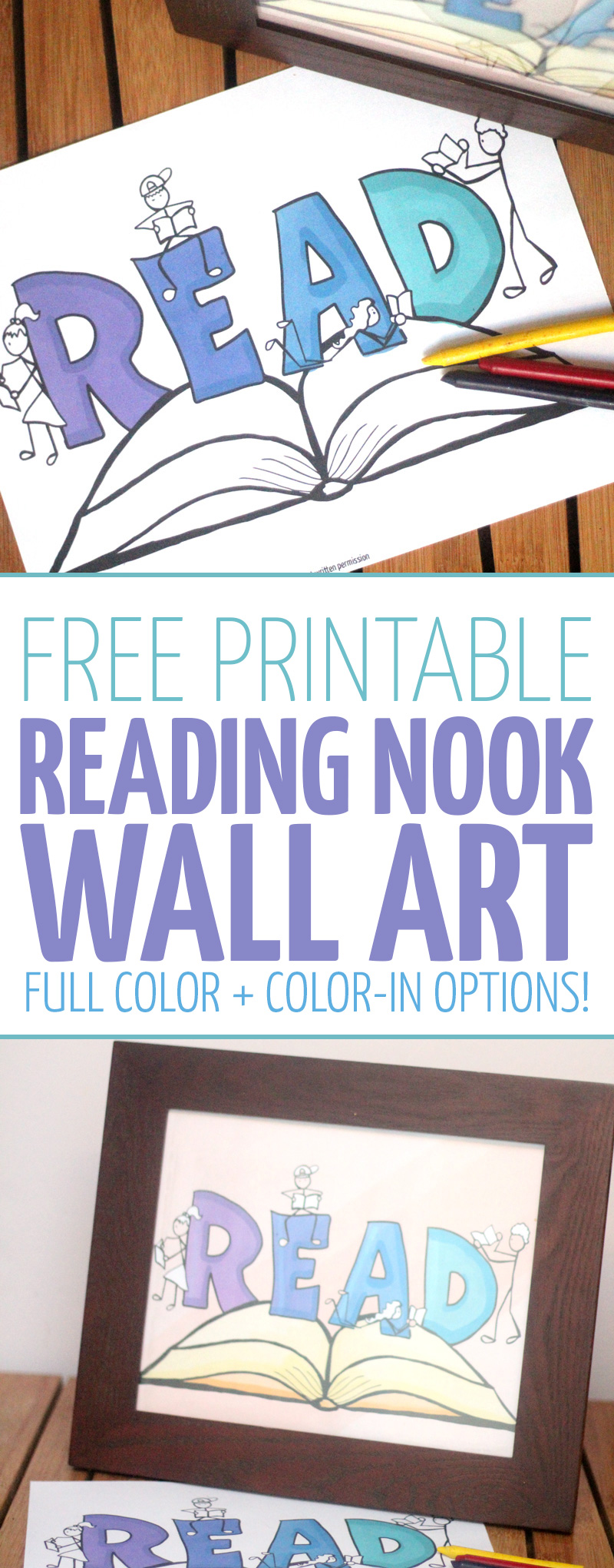 Free printable reading nook wall art: Full Color or color-in version! You'll love this cool reading nook idea - it's a fun way to involve the kids! Plus, click to learn how you can encourage literacy and reading in kids by letting them choose their own FREE books! This book coloring page for kids (or even adults can color it) is a fun kids literacy activity. The full color version makes an amazing poster for a reading corner, playroom, or kids room!