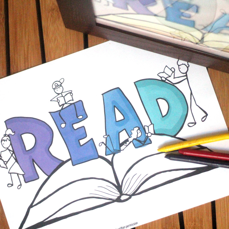 Free printable reading nook wall art: Full Color or color-in version! You'll love this cool reading nook idea - it's a fun way to involve the kids! Plus, click to learn how you can encourage literacy and reading in kids by letting them choose their own FREE books! This book coloring page for kids (or even adults can color it) is a fun kids literacy activity. The full color version makes an amazing poster for a reading corner, playroom, or kids room!