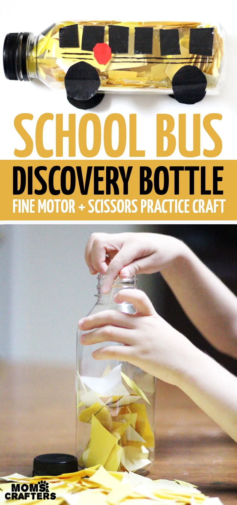 Click for a sweet tutorial on how to make a school bus discovery bottle - a great kindergarten or preschool preparation activity and scissors skills cutting practice, plus it makes a cool fine motor activity and DIY sensory toy for back to school! You'll love this cool back to school craft for kids. #schoolbus #backtoschool #finemotor