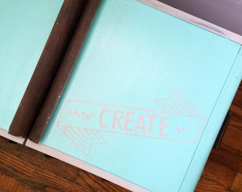 Open up for a cool surprise! Update a vintage sewing box with this cool DIY makeover using stencils. The top says "create" and there are beautiful patterns inside - you simply won't believe that this was a flea market find! One of my favorite thrift store makeovers and trash to treasure DIY projects ever, and perfect for craft room organization.