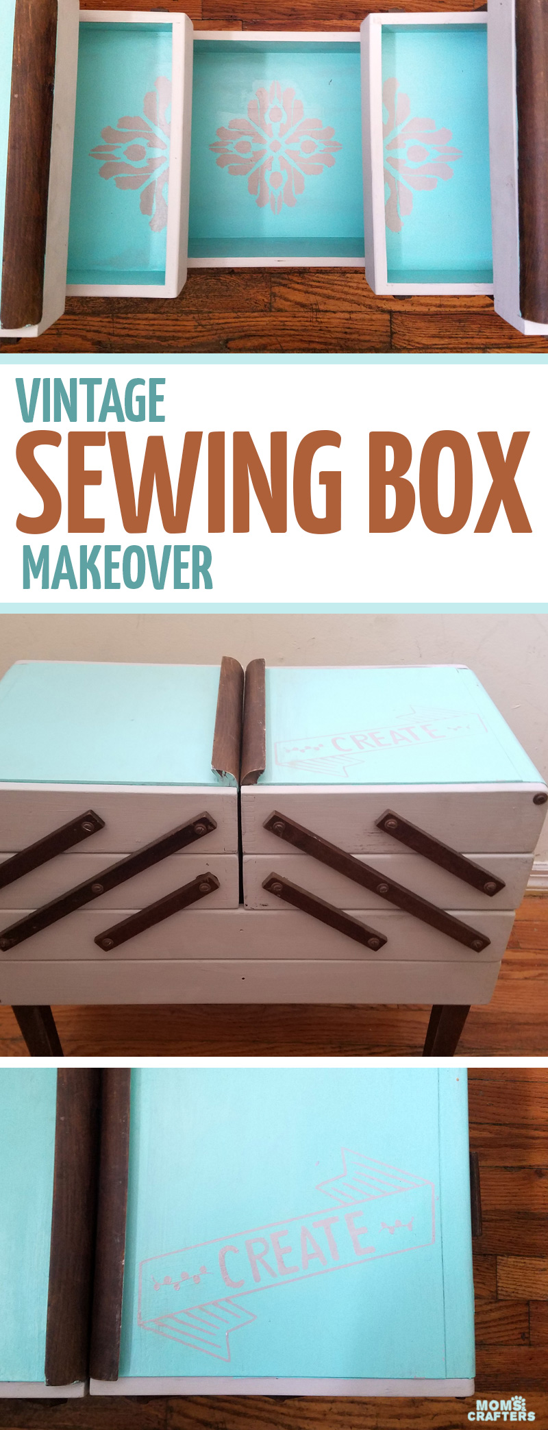 Open up for a cool surprise! Update a vintage sewing box with this cool DIY makeover using stencils. The top says "create" and there are beautiful patterns inside - you simply won't believe that this was a flea market find! One of my favorite thrift store makeovers and trash to treasure DIY projects ever, and perfect for craft room organization.