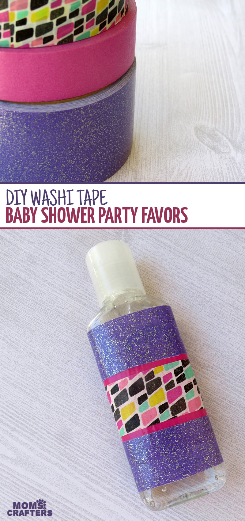 Why washi-tape bomb a hand sanitizer bottle, you ask? These make the most adorable baby shower favors! This washi tape craft is a quick and easy solution for a baby shower craft for a baby boy or girl, and makes a perfect addition to a new mom basket.