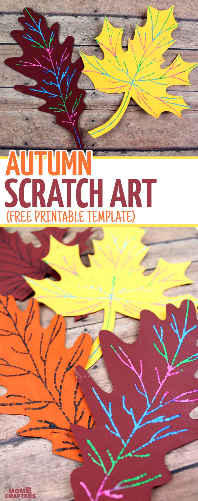 Make this beautiful scratch art fall leaf craft - a beautiful and easy autumn paper craft for kids! Includes a free printable template.