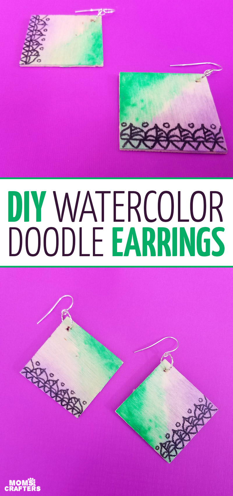 Make these stunning DIY earrings with a watercolor finish and some cool doodles! You'll love this beginner jewelry making project for teens and tweens to enjoy.