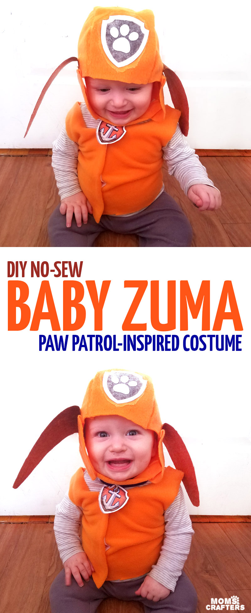 Make this easy BABY ZUMA PAW Patrol costume for toddlers or babies! It's an easy no-sew costume to create and great for a family costume theme. 