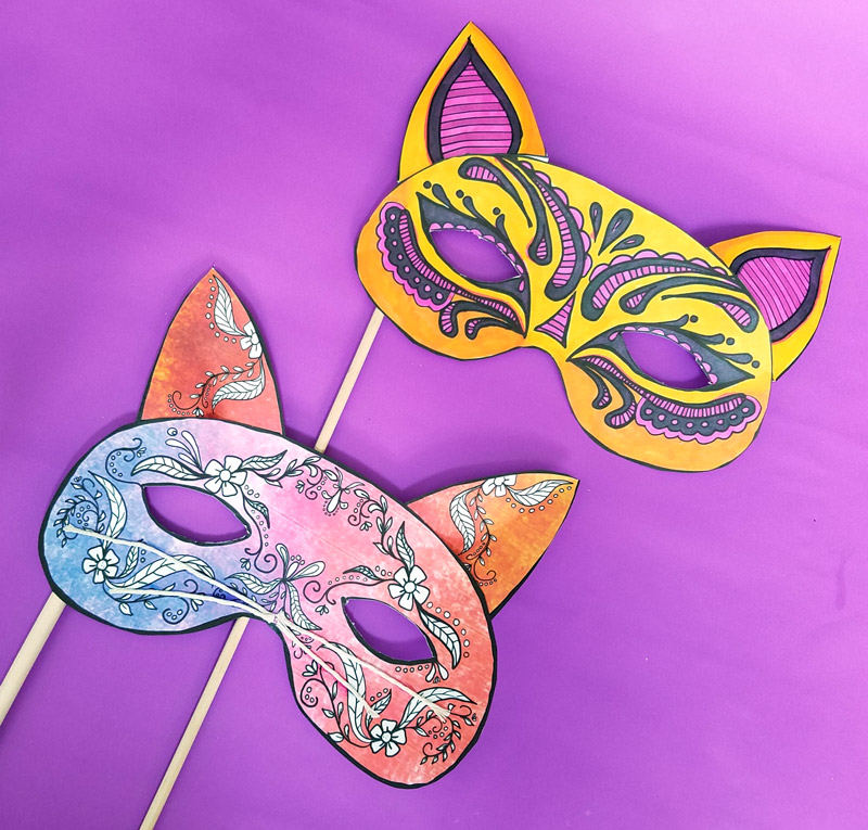 These cat masks printables are so beautiful and easy to make! You'll love the final result. It's cool as a halloween papercraft or for any time of year. These papercraft masks are available as adult coloring pages or as color-in crafts for kids, or even as a full color printable paper craft - and it's easy too!