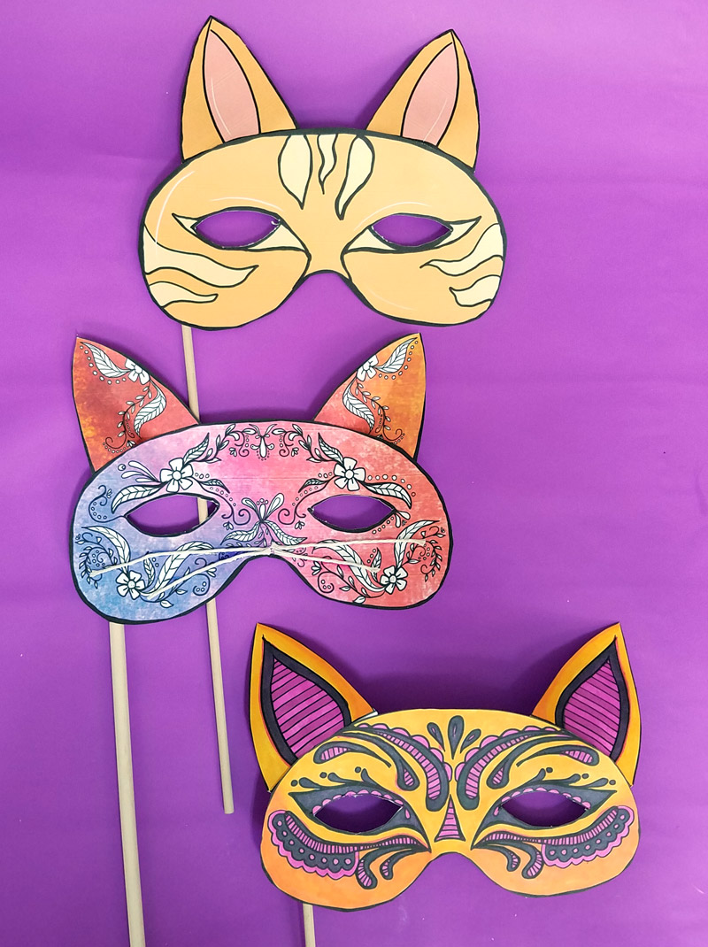 These cat masks printables are so beautiful and easy to make! You'll love the final result. It's cool as a halloween papercraft or for any time of year. These papercraft masks are available as adult coloring pages or as color-in crafts for kids, or even as a full color printable paper craft - and it's easy too!