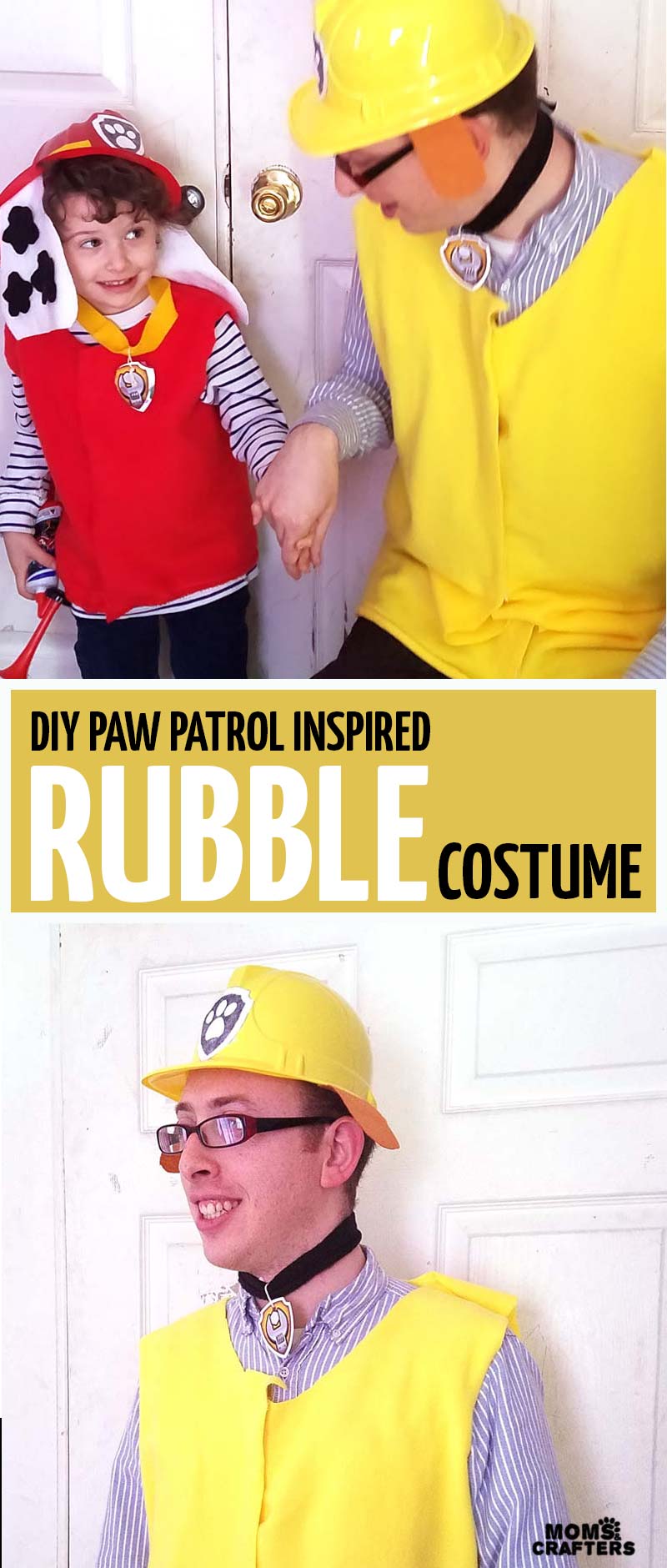 Create this adorable and easy DIY Rubble PAW Patrol costume - it's a no-sew costume inpired by Rubble from PAW Patrol! Perfect for your preschooler or toddler who is obsessed with the show, or as part of a family costume idea.