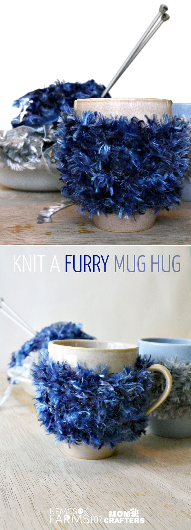 Knit a fun furry mug hug - this easy DIY mug cozy tutorial is the perfect beginner knitting project for teens and tweens and includes a free knitting pattern!