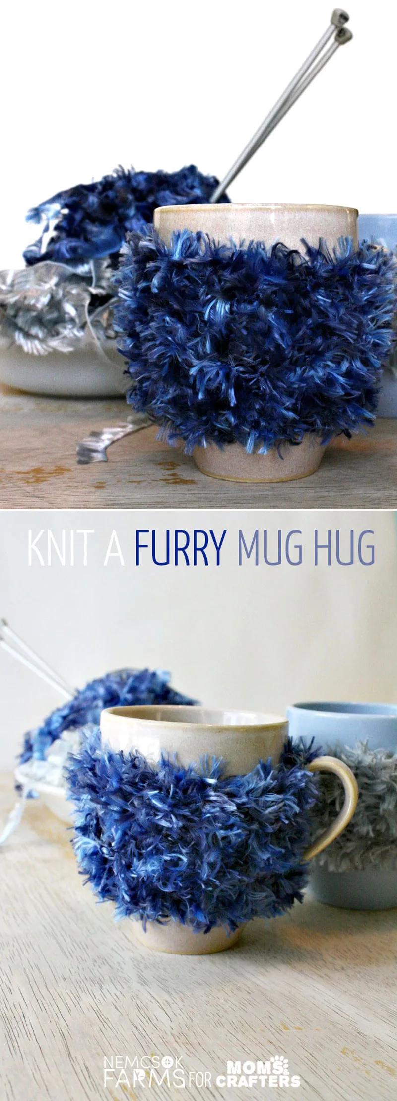 Knit a fun furry mug hug - this easy DIY mug cozy tutorial is the perfect beginner knitting project for teens and tweens and includes a free knitting pattern!