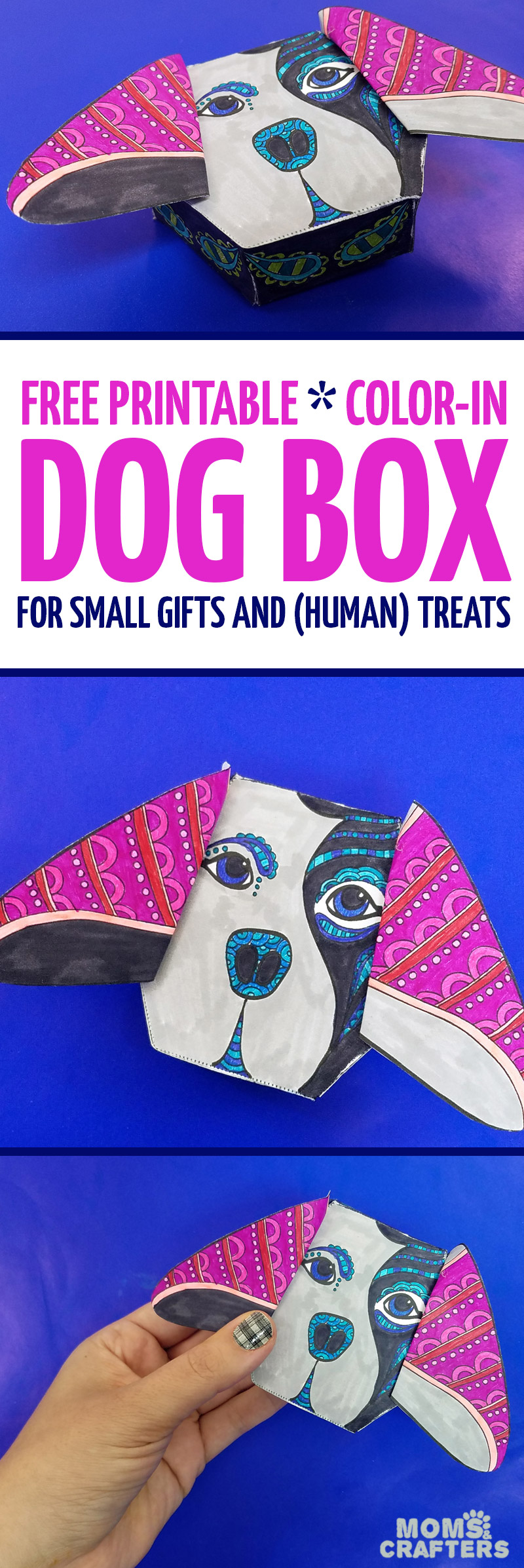 This adorable free printable dog coloring page for adults turns into a dog box for treats and small gifts! It's a cute way to gift money, or a jewelry box for dog lovers. You'll love this easy paper craft for adults! #adultcoloring #coloring #papercraft #papercrafts #diy #dogs