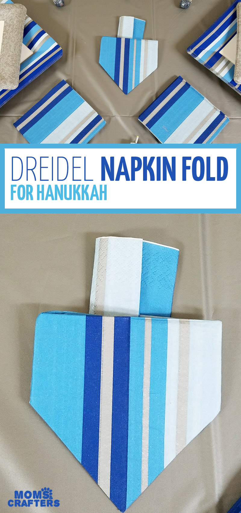 I love this dreidel napkin fold tutorial - what a great idea for a Hanukkah tablescape? I love this decoration for a chanukah party - I set my table like this too. #Hanukkah #chanukah