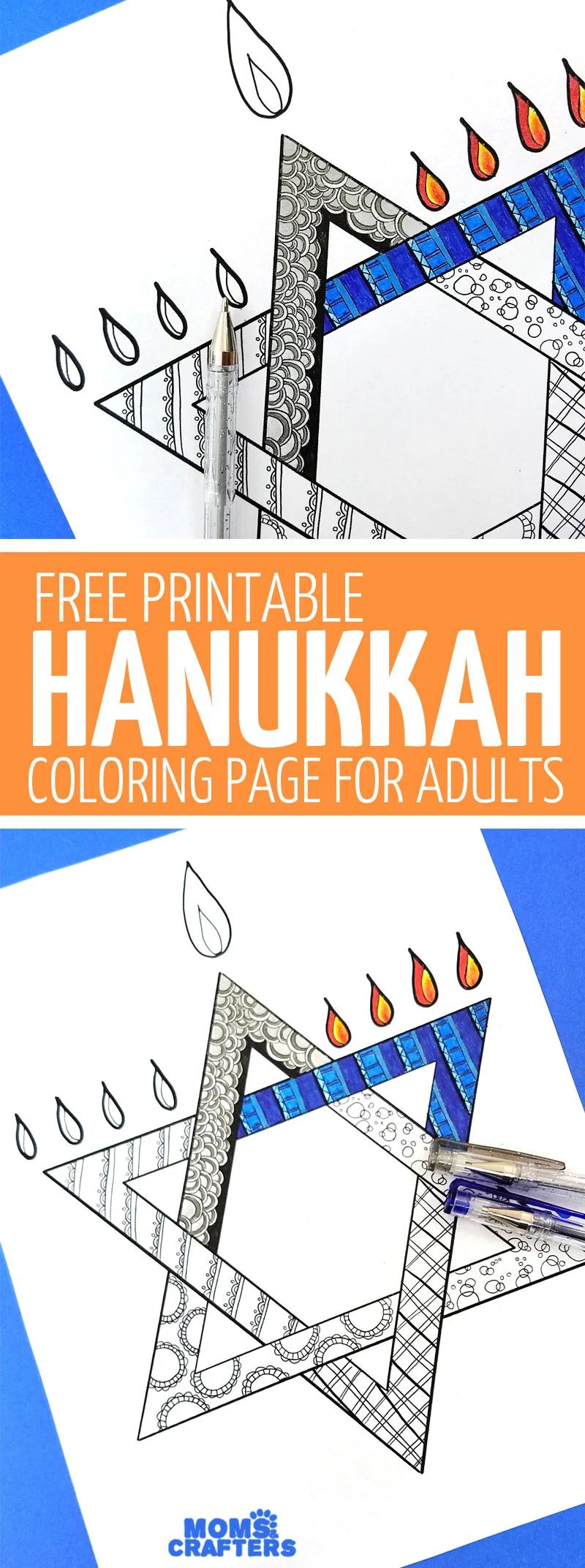This free printable Hanukkah coloring page for adults is a great Hanukkah activity or craft! Engage the grown-ups at your Chanukah party, use it as Hannukah decor or just unwind with it over a plate of latkes!