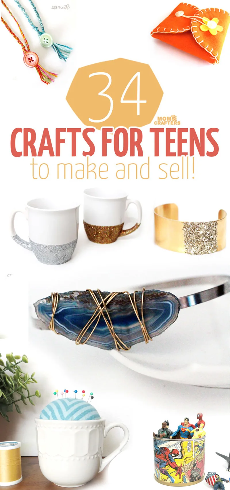34 fun, functional crafts for teens to make and sell! What a great activity for teens and tweens - marketing handmade items and selling on Etsy! Here is a great list of DIY projects and ideas to start with. #teencrafts #diy #crafts