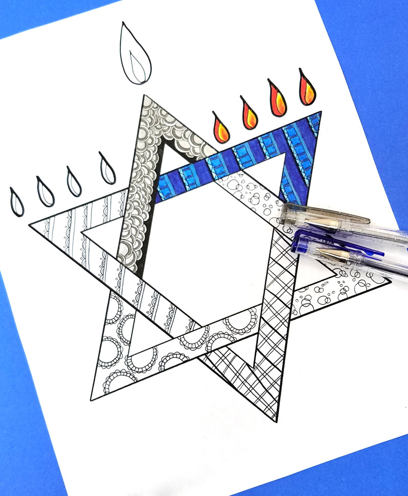 This free printable Hanukkah coloring page for adults is a great Hanukkah activity or craft! Engage the grown-ups at your Chanukah party, use it as Hannukah decor or just unwind with it over a plate of latkes!