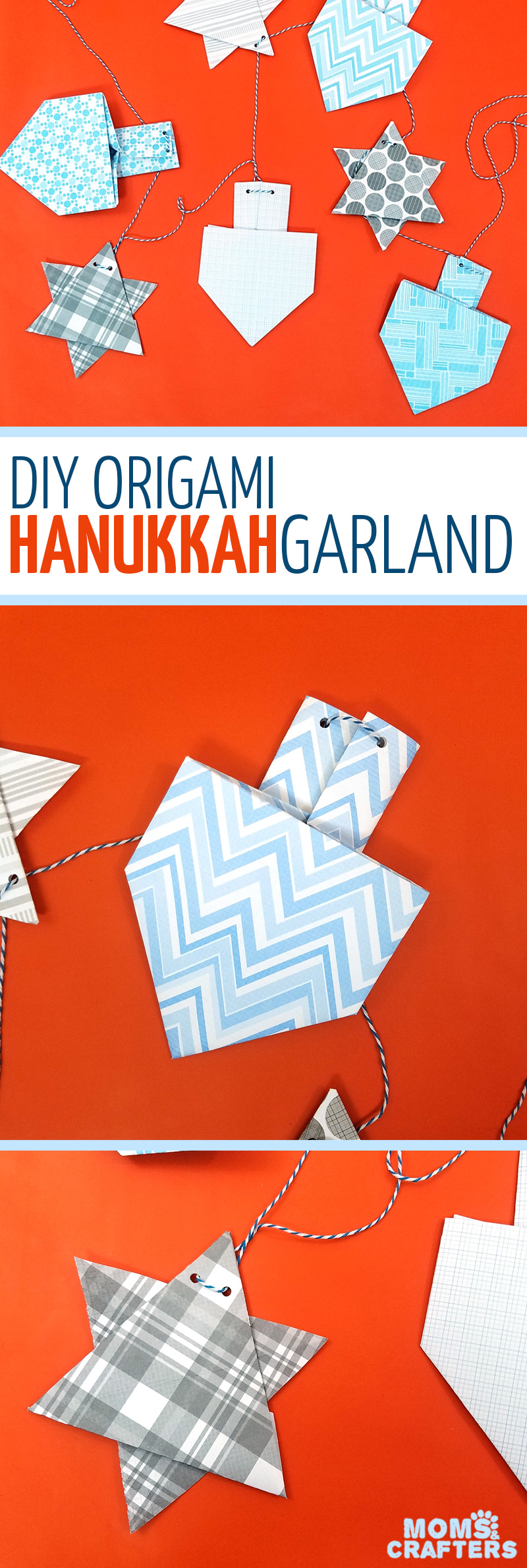 Make a fun origami Hanukkah garland featuring folded paper dreidels and star of david. This simple Chanukah craft for kids teens and adults is a perfect way to update your Hanukkah decor.