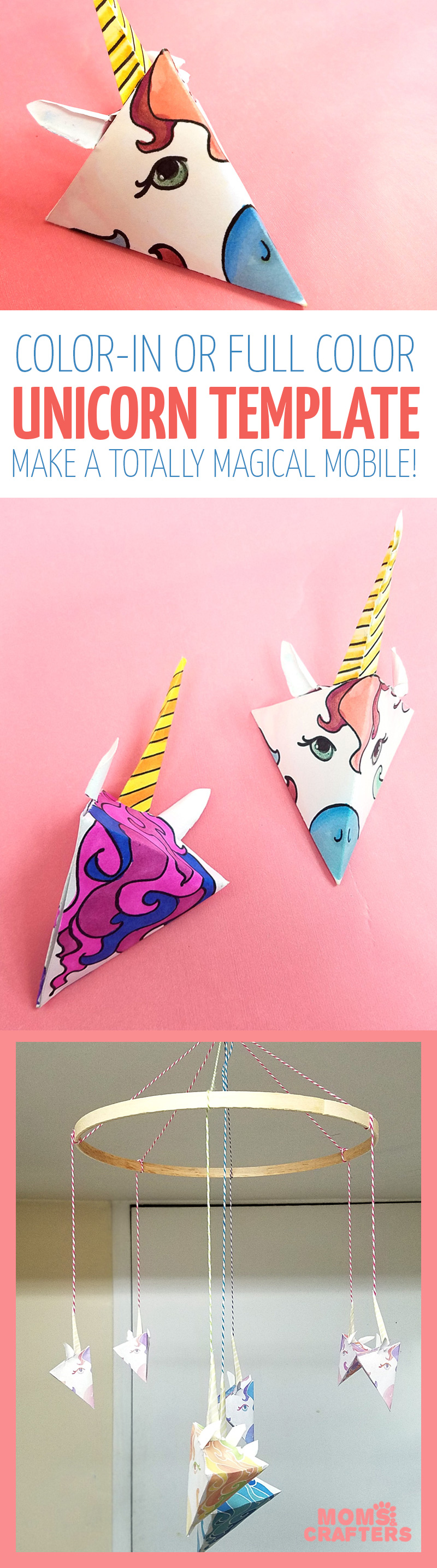 This adorable unicorn paper craft is quite unique - get the free color-in template coloring page for adults (or kids) and then assemble this super easy craft! You can turn it into a baby mobile if you'd like too, for adorable unicorn nursery decor. #unicorns #unicorn #papercraft #papercrafts #coloringpages #adultcoloring