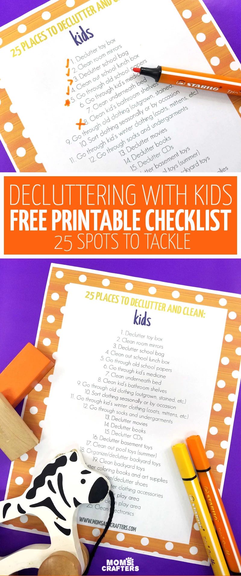 Ducluttering with kids is made simple with this easy to use organization checklist featuring 25 places to declutter and clean with children. You'll love this free printable organizing list for getting your playroom, kids rooms, and more in order. #organization #decluttering #kids