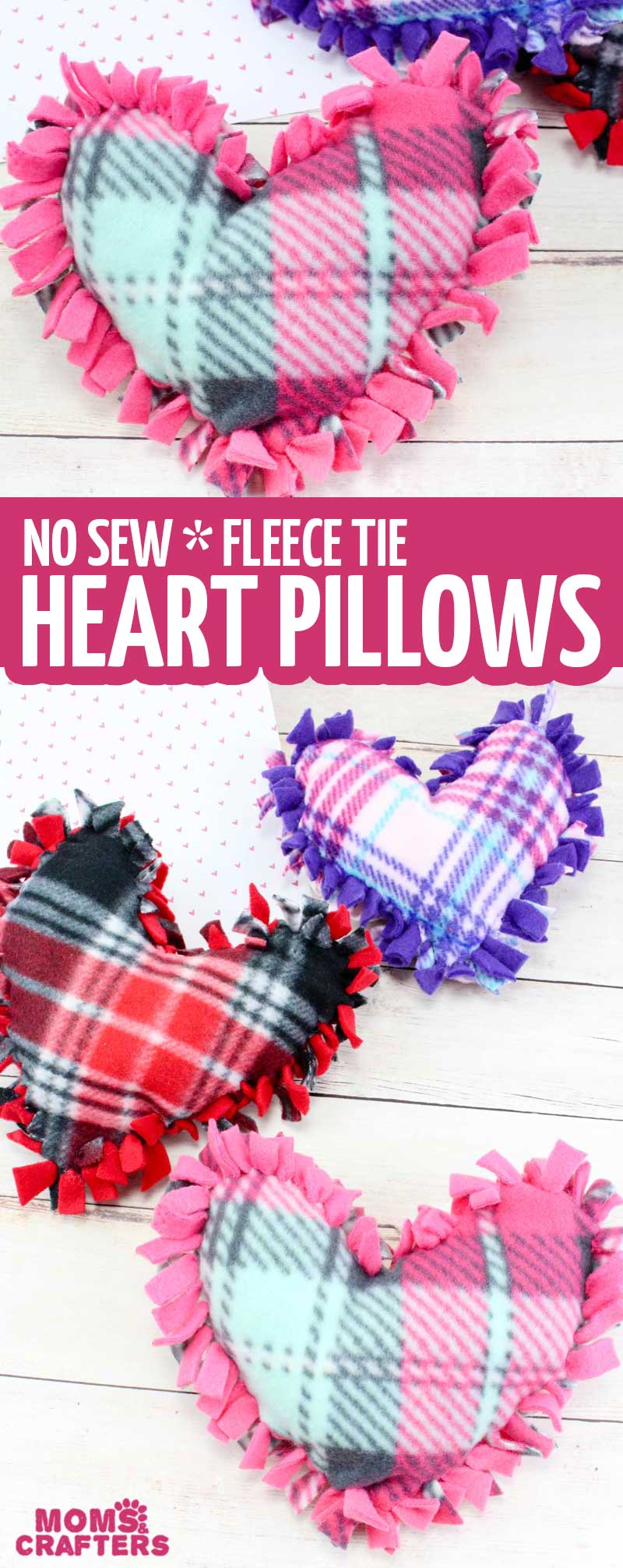 These valentine pillows are so easy to make! They use the classic summer camp fleece tie pillows method and are the perfect Valentine's Day crafts for tweens and big kids. #tweens #teencrafts #valentinesday