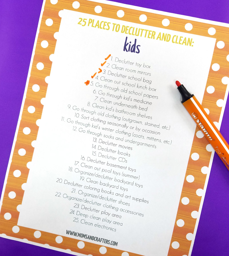 Ducluttering with kids is made simple with this easy to use organization checklist featuring 25 places to declutter and clean with children. You'll love this free printable organizing list for getting your playroom, kids rooms, and more in order. #organization #decluttering #kids