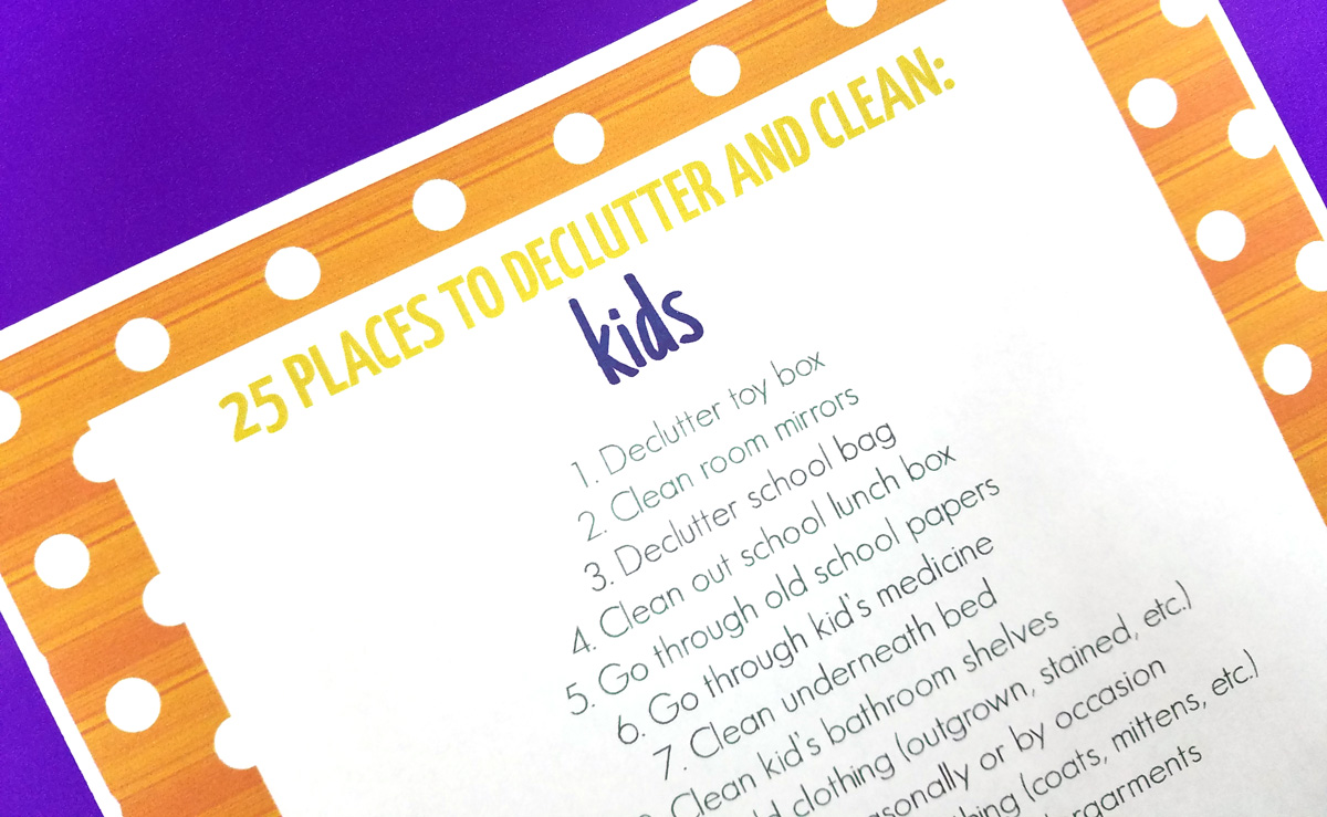 Ducluttering with kids is made simple with this easy to use organization checklist featuring 25 places to declutter and clean with children. You'll love this free printable organizing list for getting your playroom, kids rooms, and more in order. #organization #decluttering #kids