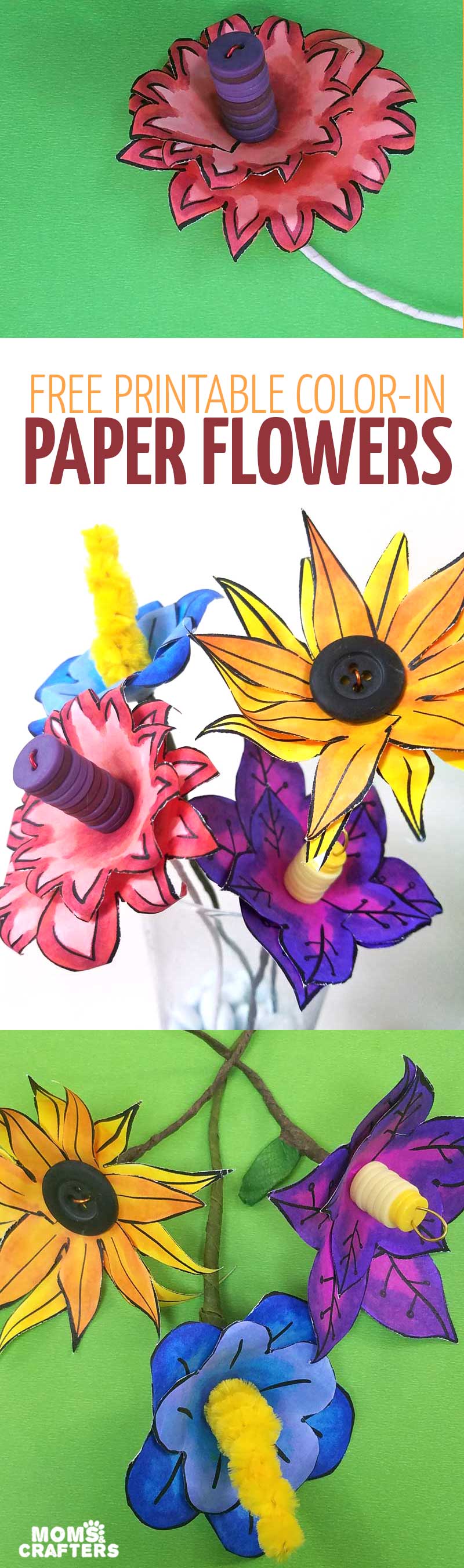 These paper flower templates are too cute for words! What an adorable Spring craft for tweens, teens, or grown-ups! This papercraft is so versatile - use it to set a Spring table, as napkin rings, or put these DIY flowers in a vase. These paper flowers can be made by coloring them in, or using scrapbook paper scraps. #papercraft #spring #freeprintable