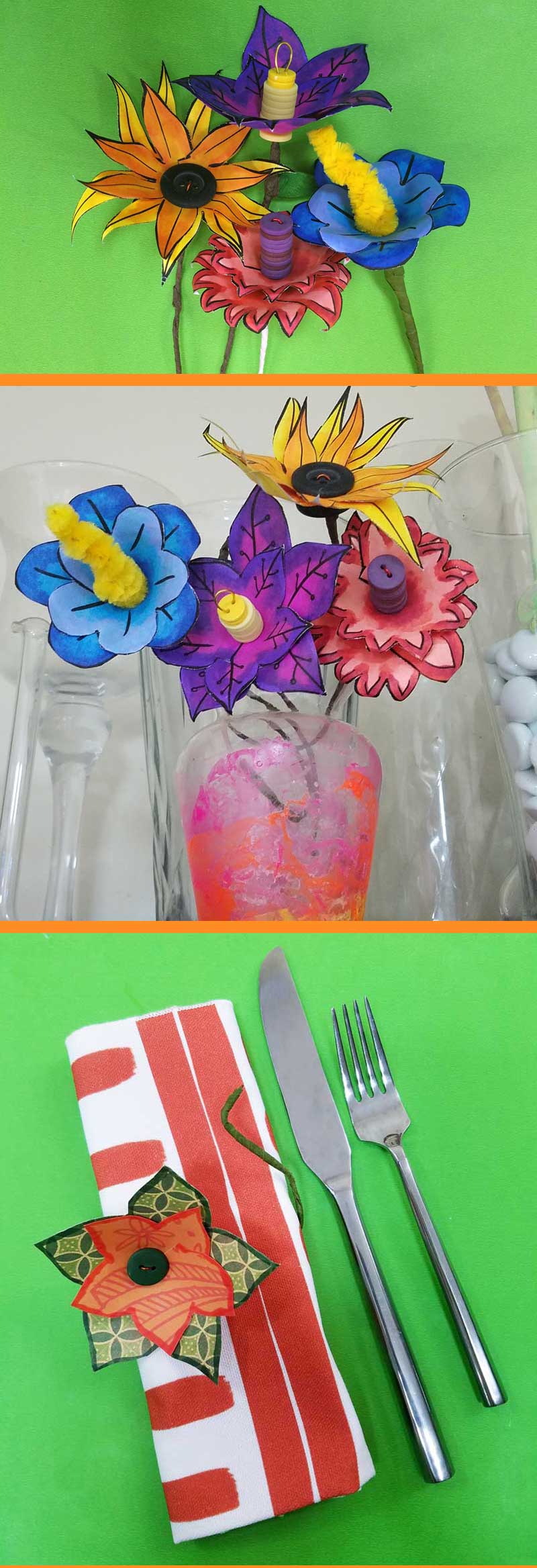 These paper flower templates are too cute for words! What an adorable Spring craft for tweens, teens, or grown-ups! This papercraft is so versatile - use it to set a Spring table, as napkin rings, or put these DIY flowers in a vase. These paper flowers can be made by coloring them in, or using scrapbook paper scraps. #papercraft #spring #freeprintable