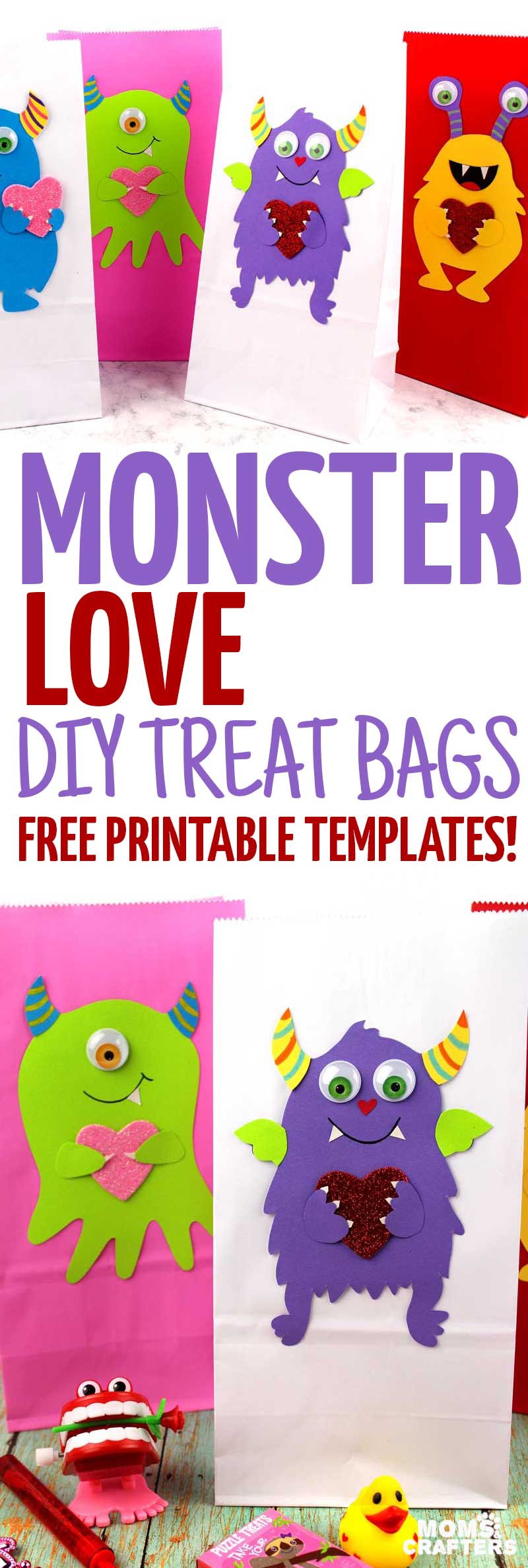 These adorable Monster love valentine treat bags are perfect for favors or snacks! This cute Valentine's Day paper craft is also good for a monster birhtday party. It doesn't have to have the heart, and you can put any shape in the monster's hands. #papercraft #valentinesday #valentine