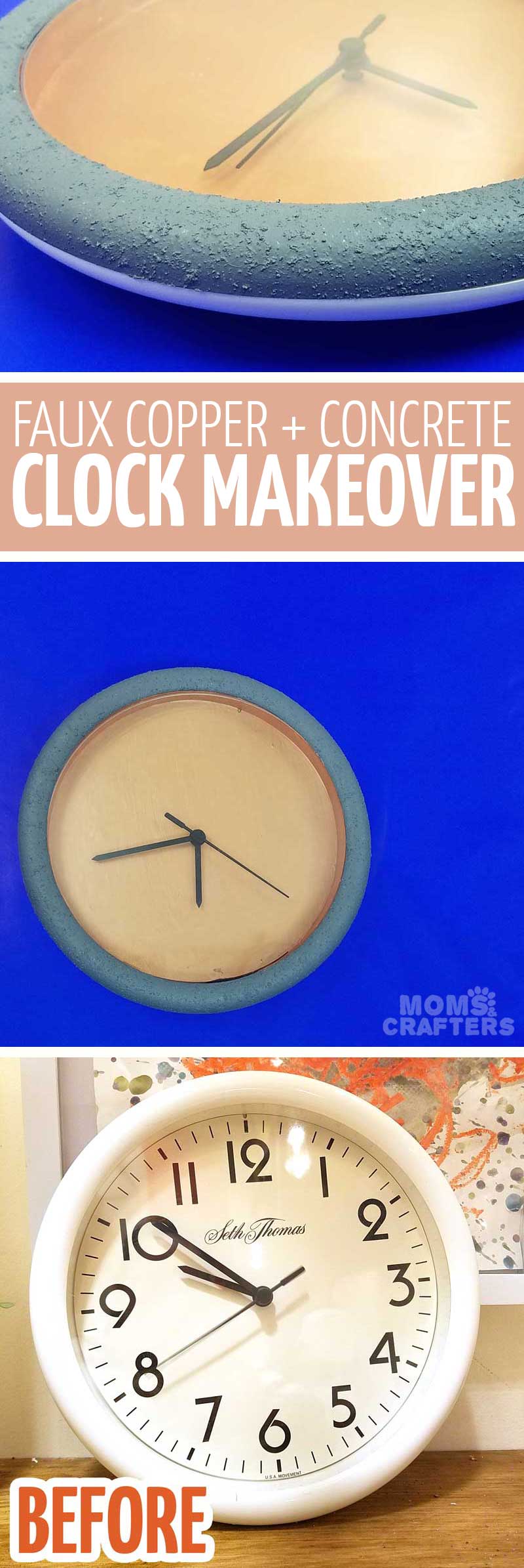 Spend ten minutes transforming an old plastic clock and look at the beautiful concrete and brushed metal home decor you can get! This epic flea market or thrift store clock makeover is so easy and good for beginners - and all it takes is some paint. #concrete #homedecor #fleamarketflip