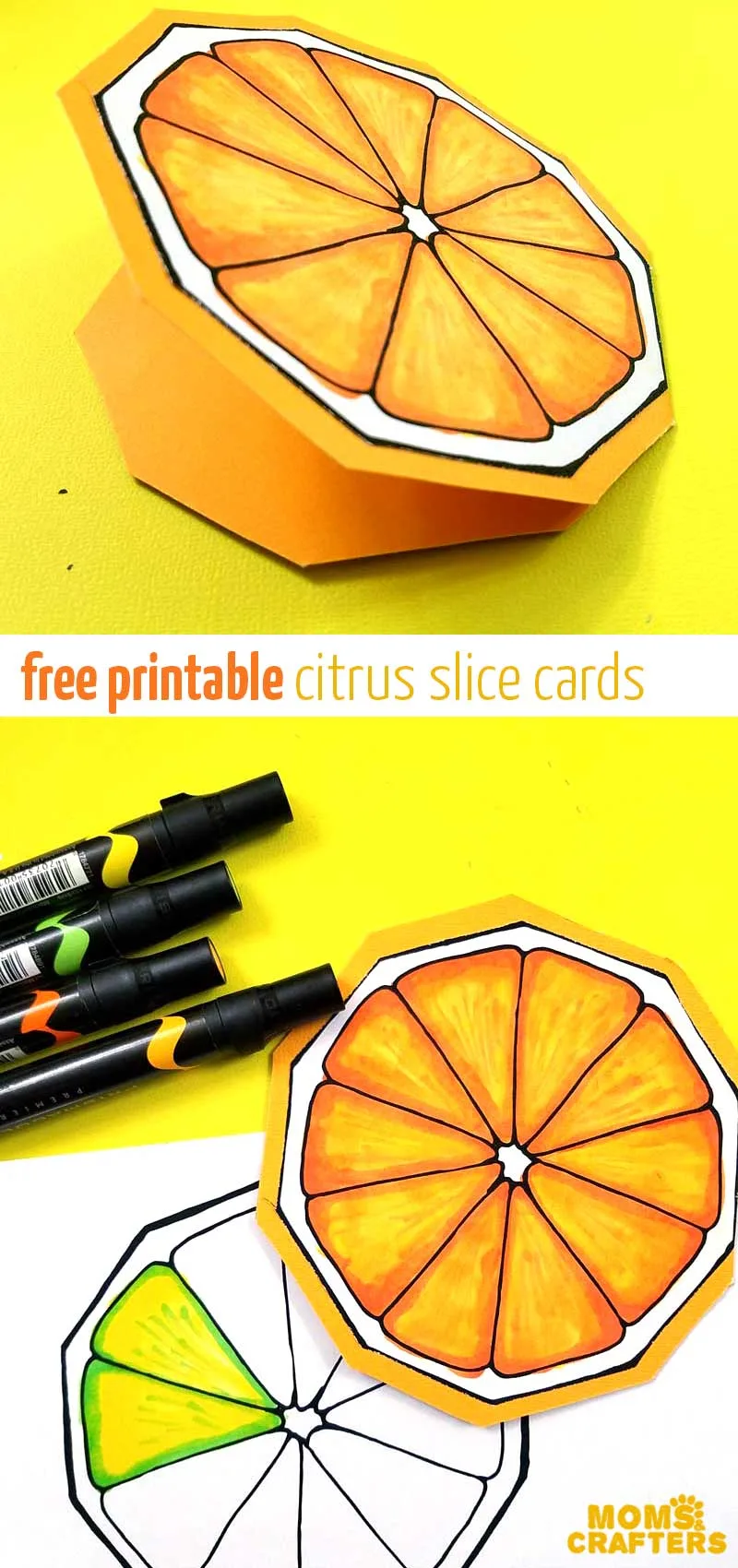 These citrus slice fruit cards are sooo cute - print the free printable and color it in this cool coloring page for kids, teens, tweens, and adults! This cool paper cardmaking craft is so simple and easy for beginners - perfect for Summer! #cardmaking #citrus #momsandcrafters