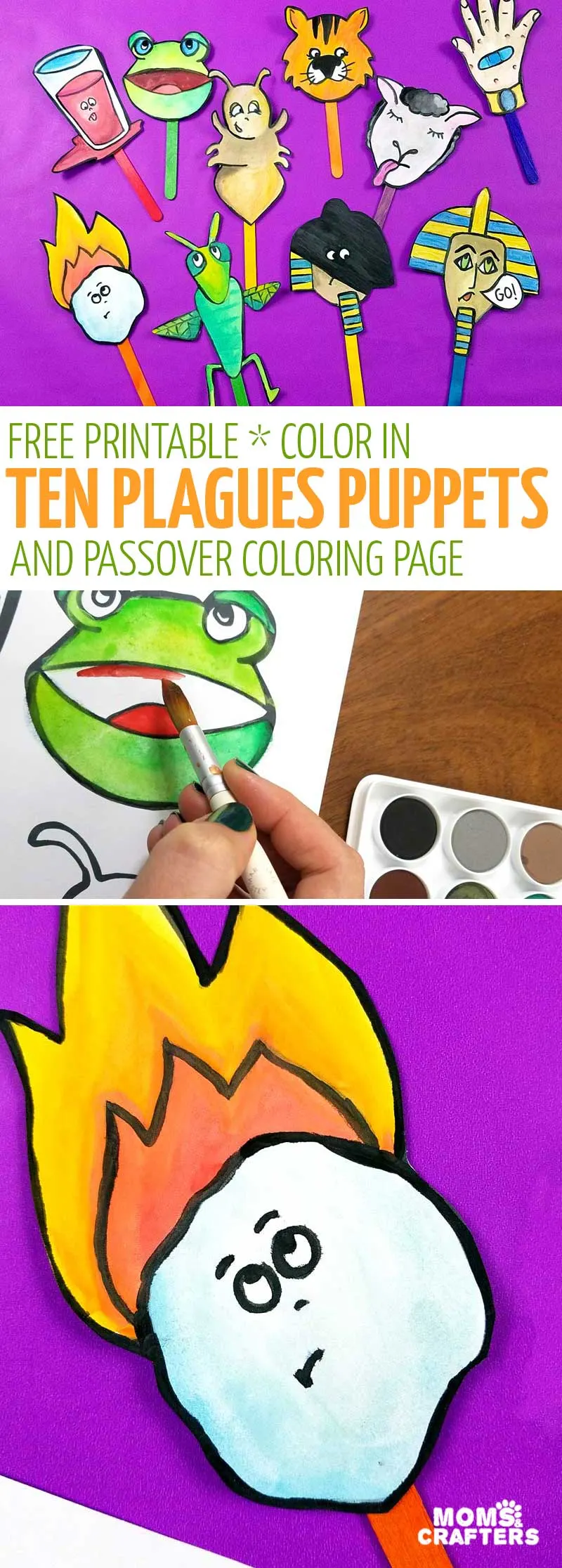 Print and craft these fun Passover puppets - featuring the ten plagues in a fun craft for kids. You'll also get a free printable ten plagues coloring page! #Passover #momsandcrafters #tenplagues