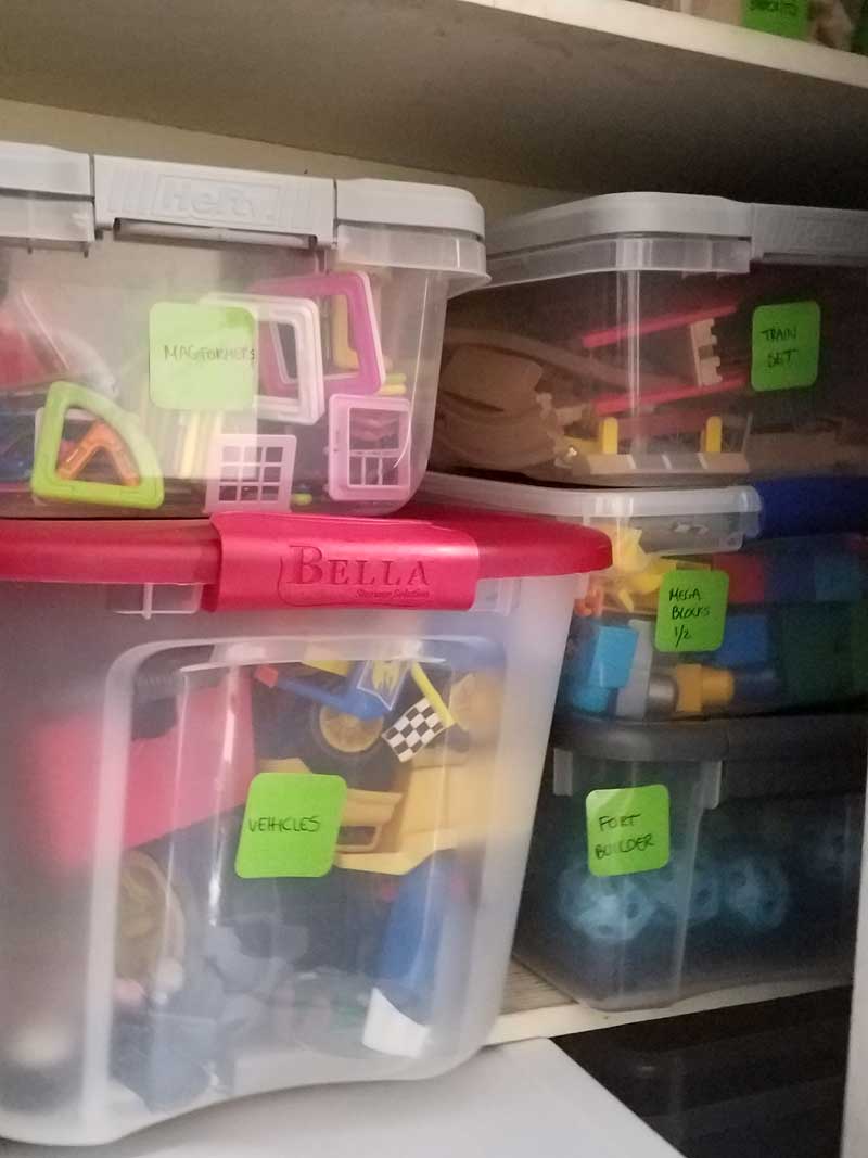 Toy organization for larger toys and sets when organizing a playroom