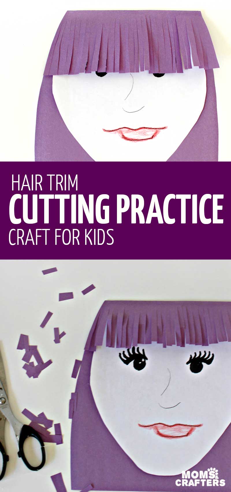 This fun scissors practice activity and craft for preschoolers and kindergarten will have your little one trimming some bangs! Such a great way to devleop cutting and scissors skills! #preschool #kindergarten #kidscrafts #momsandcrafters