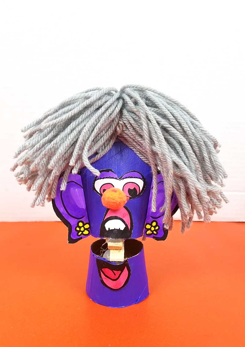 gray haired lady with pom pom nose toilet paper roll clothespin puppets