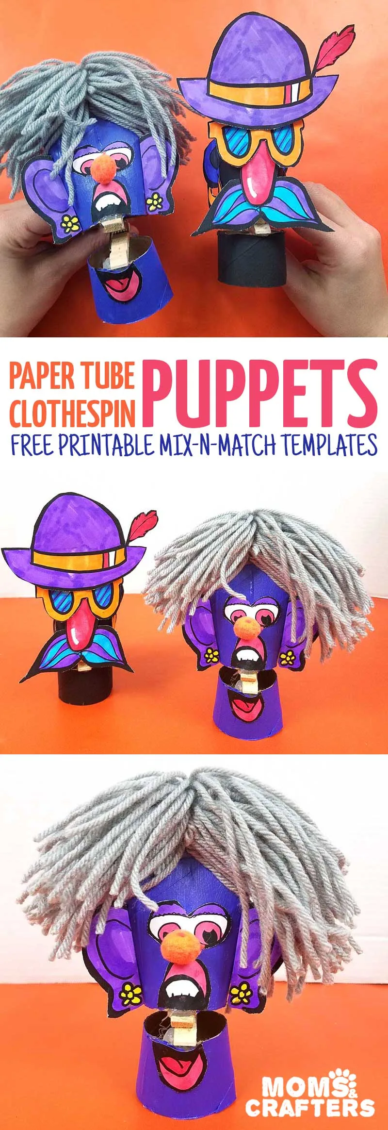 Make these adorable toilet paper roll clothespin puppets using the free paper craft template! It includes loads of mix and match facial featues and accessories and is a fun recycled paper tube arts and crafts project for kids, tweens, teens, and adults. 