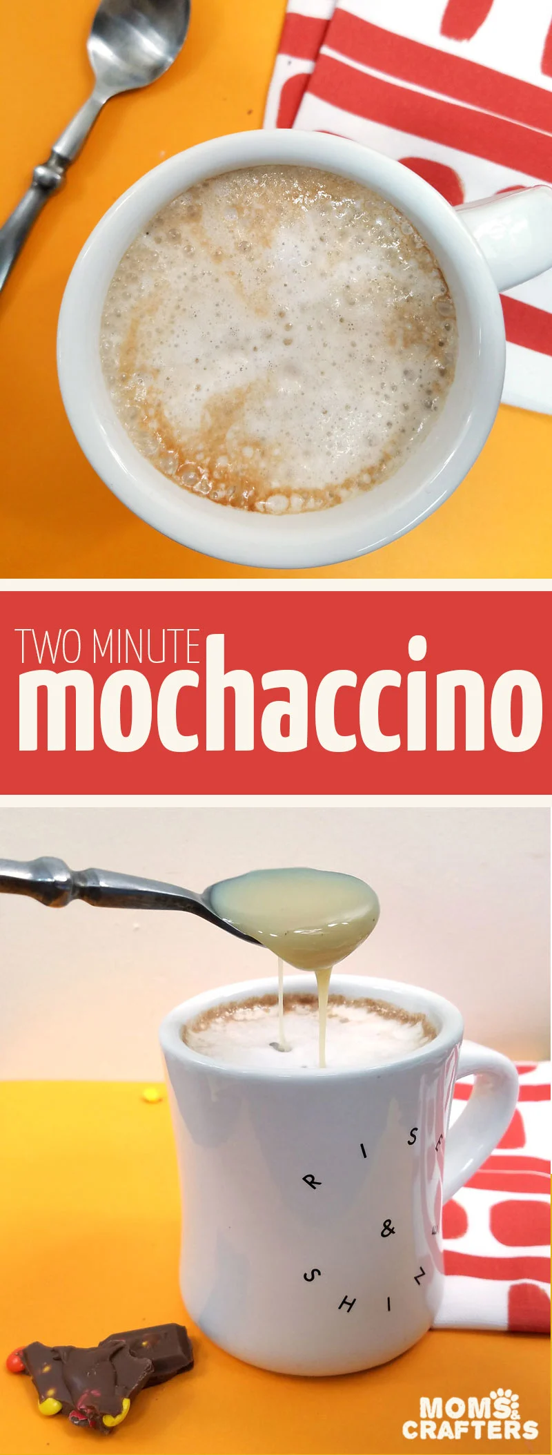 Whether you're looking for a heavenly Mother's Day breakfast idea, or just the occasional calorie splurge, this two minute mochaccino recipe is a delicious mochaccino latte and one of my favorite coffee recipes ever - caffiene included! #coffee #latte #momsandcrafters