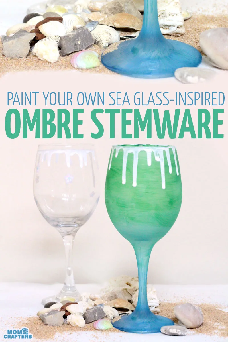 Make this beautiful and simple painted sea glass inspired stemware. This beach decor is made from dollar store wine glasses and is one of my favorite dollar store crafts. #dollarstore #craft #momsandcrafters
