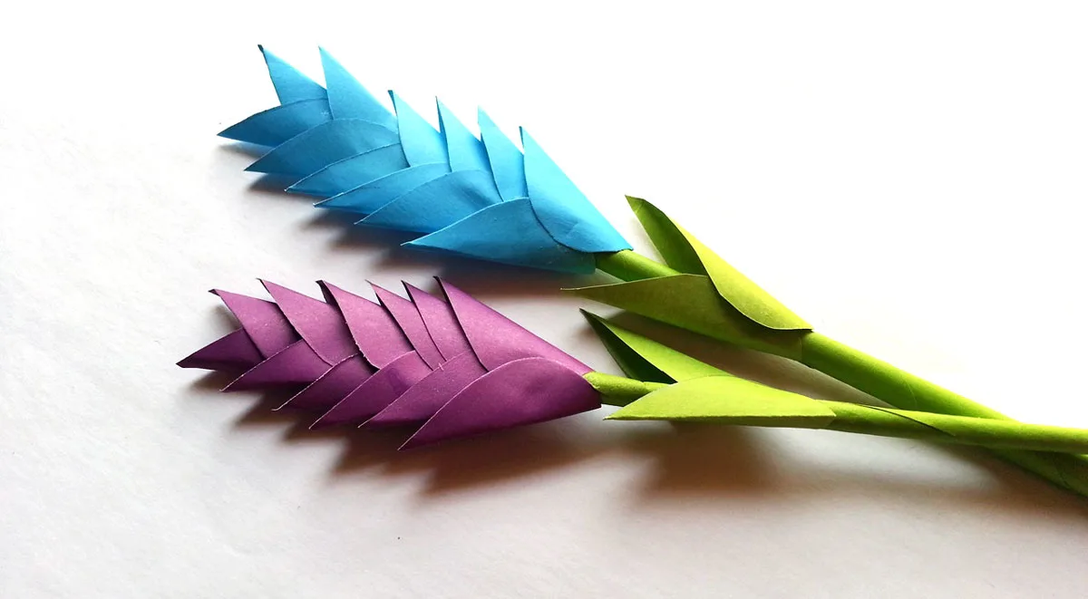 diy paper heliconia - blue and purple paper flowers