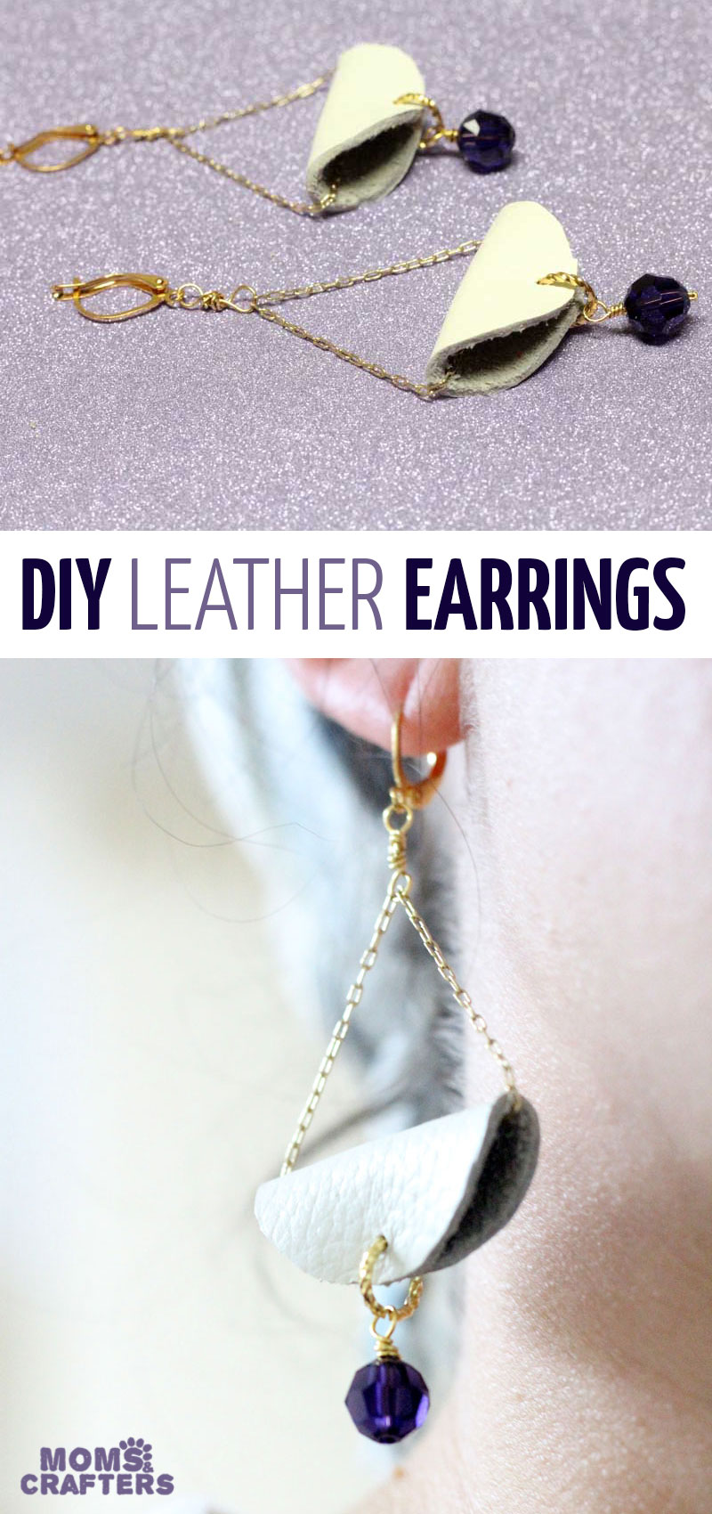 Make your own super cool DIY earrings! These easy dangle earrings tutorial have a slightly boho feel. This handmade leather and bead dangle earrings tutorial is an easy jewelry making craft idea for beginners. #earrings #jewelrymaking #momsandcrafters