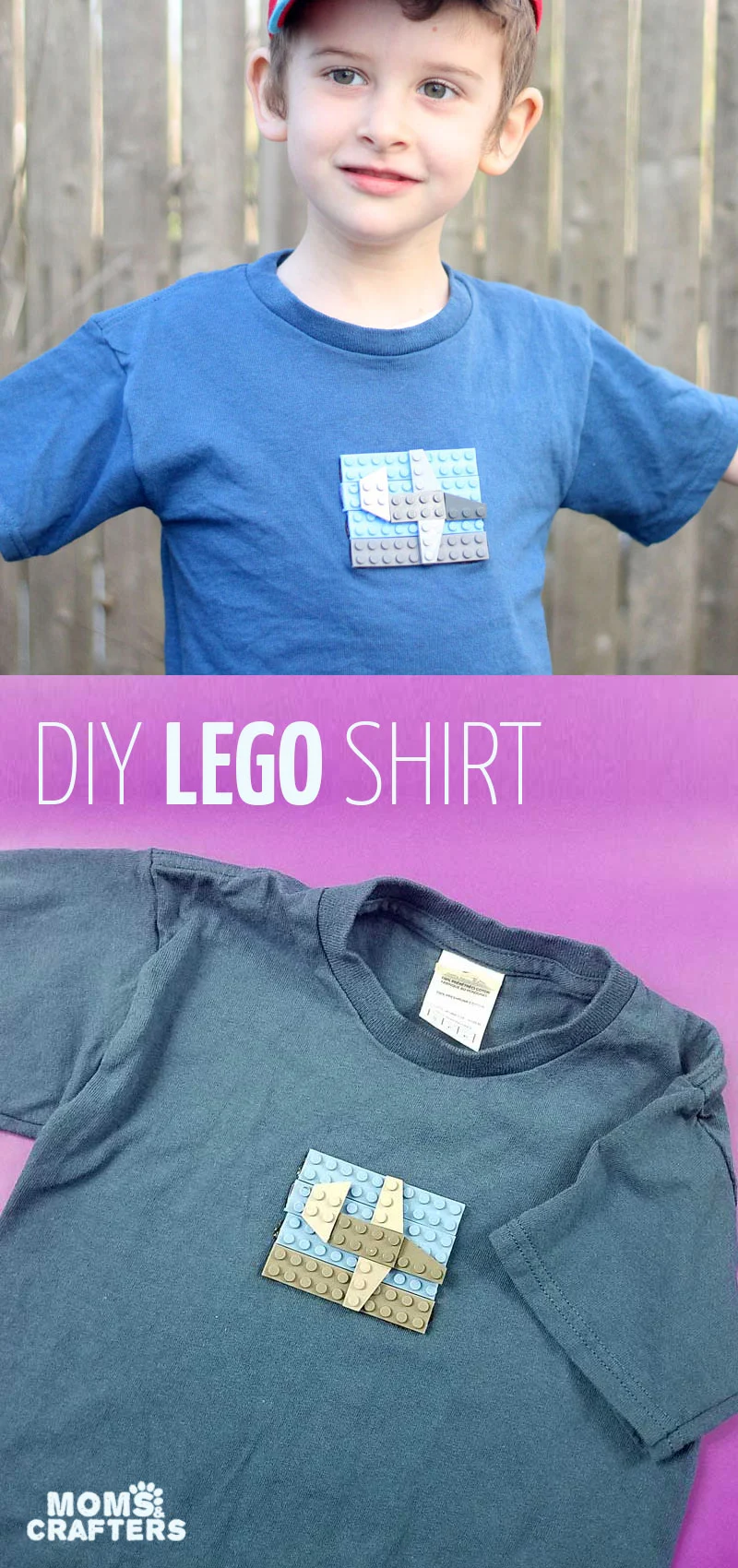 Click for instructions to create an adorable DIY LEGOs t-shirt for your boy or girl! This cool plain t-shirt update is so cute for LEGO fans and one of my favorite LEGO crafts ever! #lego #diy #t-shirt #fashion #kidfashion #legofan #momsandcrafters 